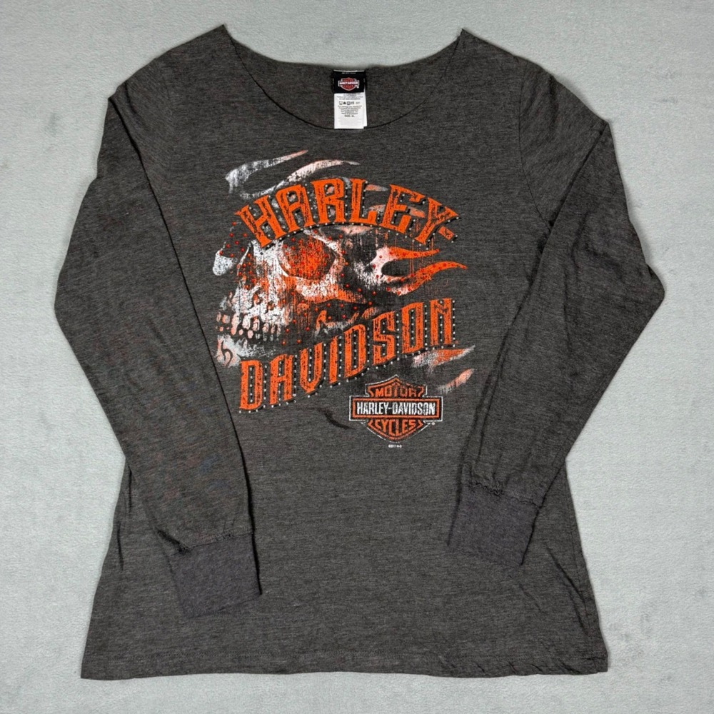 Harley Davidson Womens XL Long Sleeve Skull Tee Barnett El Paso Texas Rhinestone